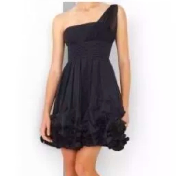 BCBG MAX AZRIA Soft-Shell Sheer ONE-SHOULDER TAFFETA DRESS Floral Hem - Black - Picture 1 of 14